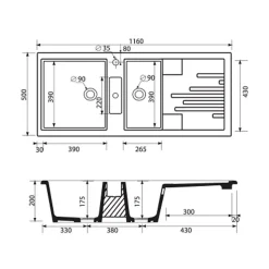 Evier céramique blanc Ewi AGLAE 2 bacs 1 égouttoir