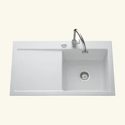 Evier céramique blanc mat Systemceram CLEYA 1 grand bac - égouttoir gauche