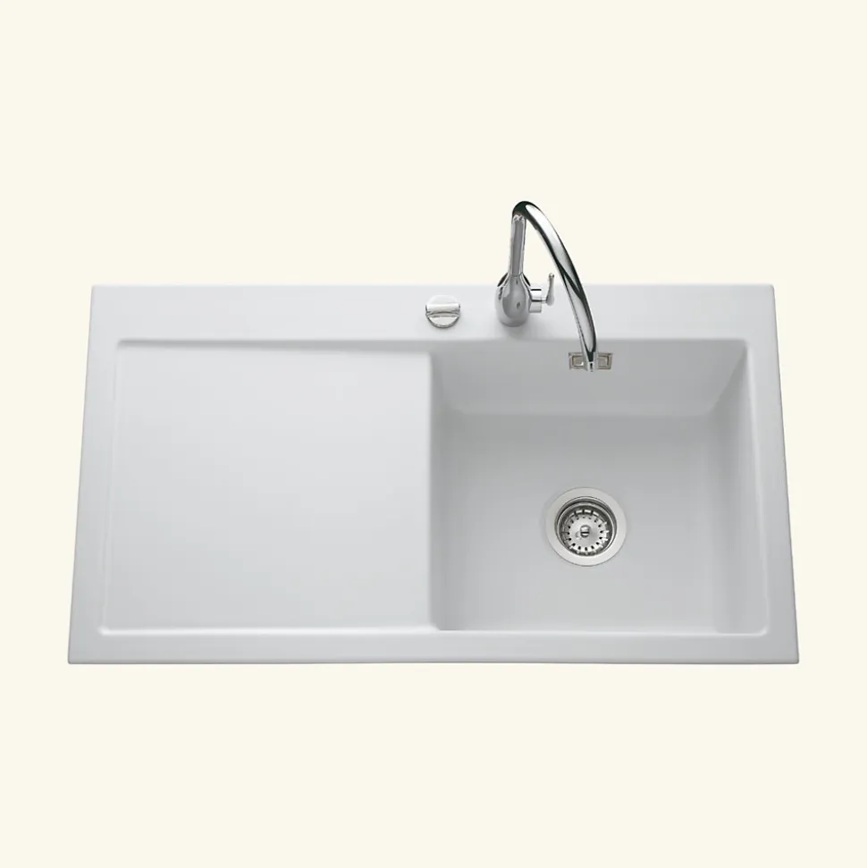 Evier céramique blanc mat Systemceram CLEYA 1 grand bac - égouttoir gauche