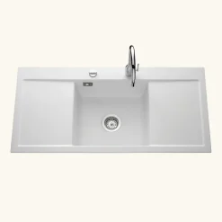 Evier céramique blanc mat Systemceram CLEYA 1 grand bac 2 égouttoirs