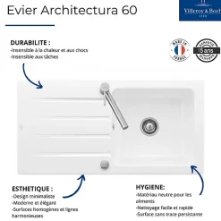 Evier céramique gris fossil Villeroy & Boch ARCHITECTURA 1 grand bac 1 égouttoir
