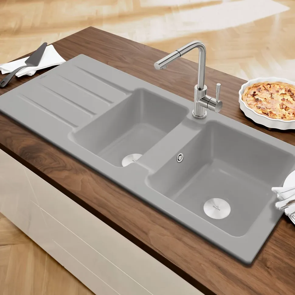 Evier céramique gris fossil Villeroy & Boch ARCHITECTURA 2 bacs 1 égouttoir