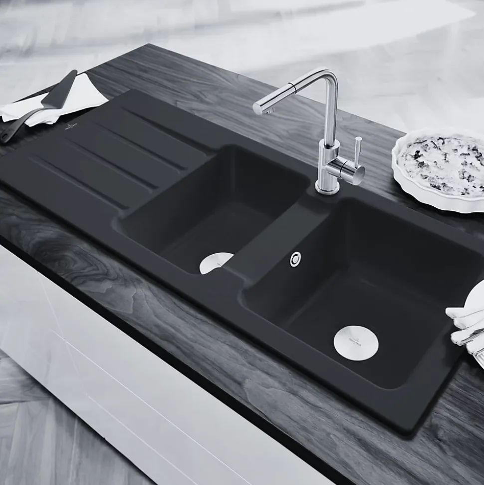 Evier céramique Villeroy & Boch ARCHITECTURA noir mat 2 bacs 1 égouttoir