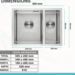Evier cuisine 2 bacs inox LOMAZOO Proxima 595x450 mm