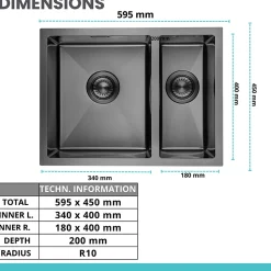 Evier cuisine 2 bacs inox LOMAZOO Galaxy 595x450 mm Anthracite