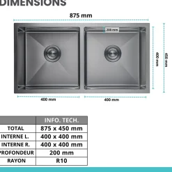 Evier cuisine 2 bacs inox LOMAZOO Aquarius 875x450 mm Anthracite