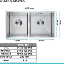 Evier cuisine 2 bacs inox LOMAZOO Windsor 815x450 mm