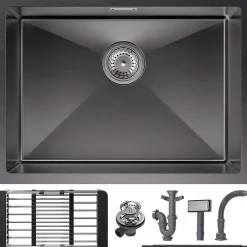 Evier Cuisine 60 cm Noir, Evier en inox, Evier 1 Bac avec Kit de Vidage, Evier a Encastrer