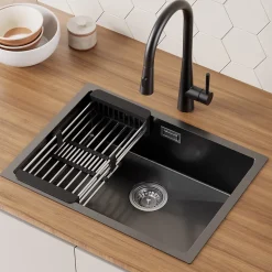 Evier Cuisine 60 cm Noir, Evier en inox, Evier 1 Bac avec Kit de Vidage, Evier a Encastrer