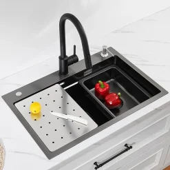 Evier Cuisine en Inox 70 cm SOFETIY MAX Evier 1 Bac avec Plateau Egouttoir Panier Distributeur de Savon