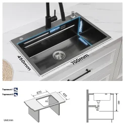 Evier Cuisine en Inox 70 cm SOFETIY MAX Evier 1 Bac avec Plateau Egouttoir Panier Distributeur de Savon