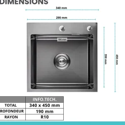 Evier Cuisine LOMAZOO Ella 34 cm Inox avec distributeur de savon Anthracite