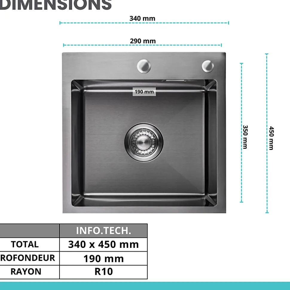 Evier Cuisine LOMAZOO Ella 34 cm Inox avec distributeur de savon Anthracite