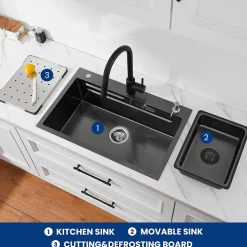 Evier de Cuisine 70 cm SOFETIY MAX Evier 1 Bac en Inox avec Plateau Egouttoir Panier Distributeur de Savon