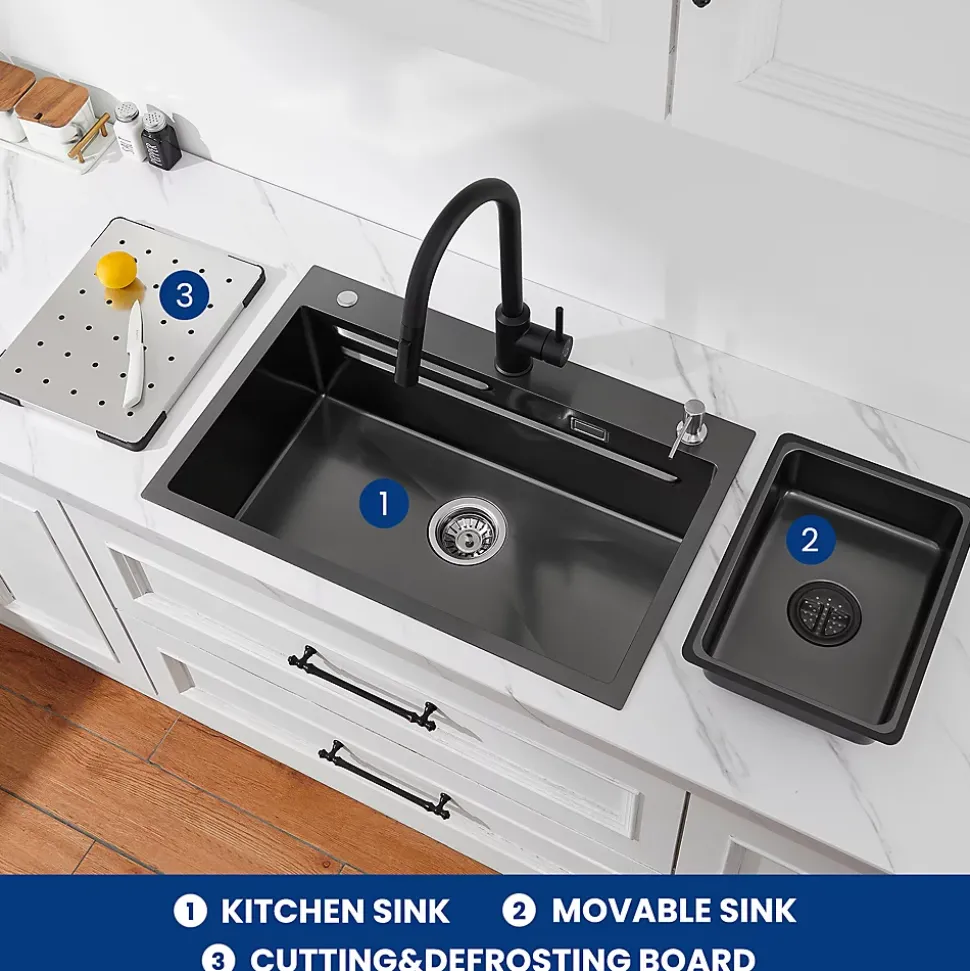 Evier de Cuisine 70 cm SOFETIY MAX Evier 1 Bac en Inox avec Plateau Egouttoir Panier Distributeur de Savon