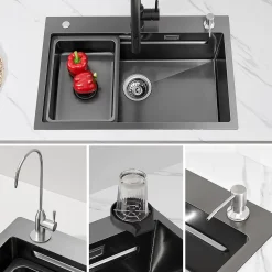 Evier de Cuisine 70 cm SOFETIY MAX Evier 1 Bac en Inox avec Plateau Egouttoir Panier Distributeur de Savon