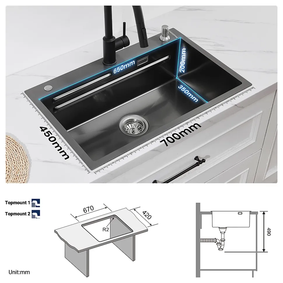 Evier de Cuisine 70 cm SOFETIY MAX Evier 1 Bac en Inox avec Plateau Egouttoir Panier Distributeur de Savon