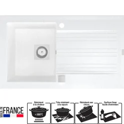 Evier de cuisine à encaster 1 cuve bac en résine minérale Blanc 86 x 50 cm
