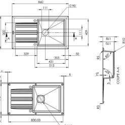 Evier de cuisine à encaster 1 cuve bac en résine minérale Blanc 86 x 50 cm