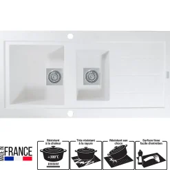 Evier de cuisine à encaster 1 cuve et demi bac en résine minérale Blanc 98 x 50 cm