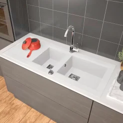 Evier de cuisine à encaster 1 cuve et demi bac en résine minérale Blanc 98 x 50 cm