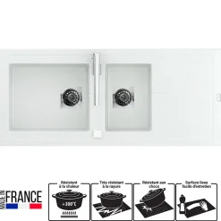 Evier de cuisine à encaster 2 cuves bacs en résine minérale Blanc 117 x 50 cm