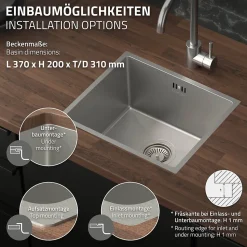 Evier de cuisine en acier inoxydable à encastrer argenté avec vidage 40x34 cm