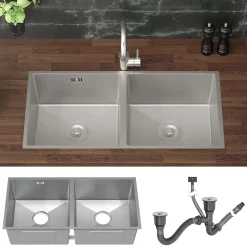 Evier double inox cuisine bac à encastrer argent + vidage trop-plein 81,5x40 cm