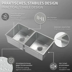 Evier double inox cuisine bac à encastrer argent + vidage trop-plein 81,5x40 cm