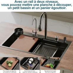 Evier en acier inoxydable SIRHONA 800x450x230mm Noir Kit d'évier multifonctionnel Pratique et résistant.