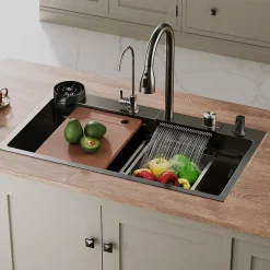 Evier en acier inoxydable SIRHONA 800x450x230mm Noir Kit d'évier multifonctionnel Pratique et résistant.
