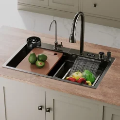 Evier en acier inoxydable SIRHONA 750x450x230mm Noir Kit d'évier multifonctionnel Bouton double Affichage de la température