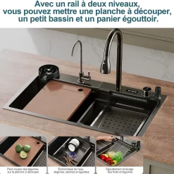 Evier en acier inoxydable SIRHONA 750x450x230mm Noir Kit d'évier multifonctionnel Bouton double Affichage de la température