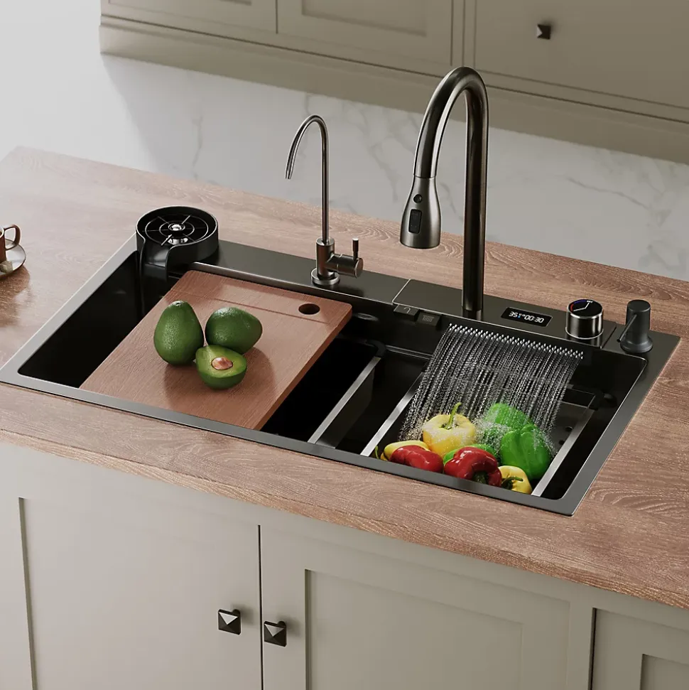 Evier en acier inoxydable SIRHONA 800x450x230mm Noir Kit d'évier multifonctionnel Bouton double Affichage de la température