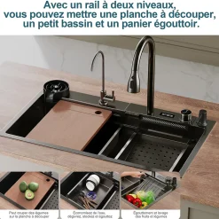 Evier en acier inoxydable SIRHONA 800x450x230mm Noir Kit d'évier multifonctionnel Bouton double Affichage de la température