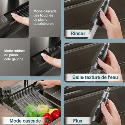 Evier en acier inoxydable SIRHONA 800x450x230mm Noir Kit d'évier multifonctionnel Bouton double Affichage de la température