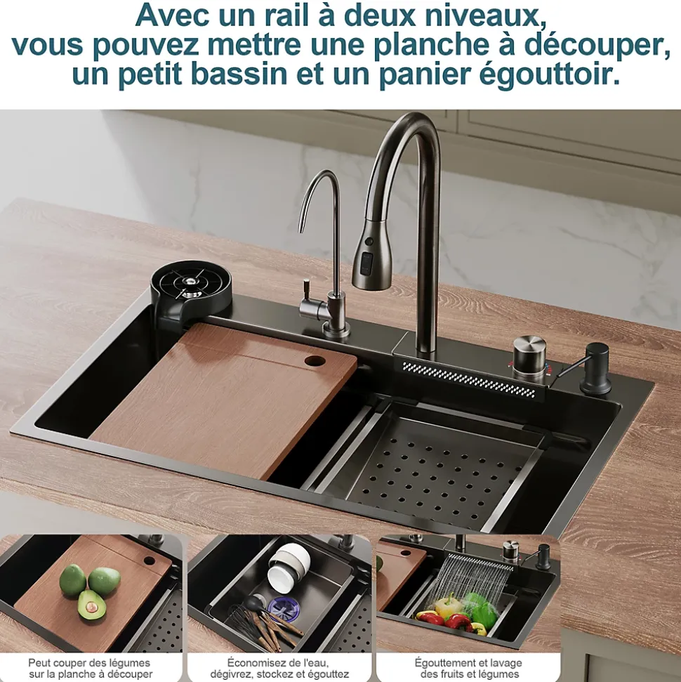 Evier en acier inoxydable SIRHONA 750x450x230mm Noir Kit d'évier multifonctionnel Pratique et résistant.