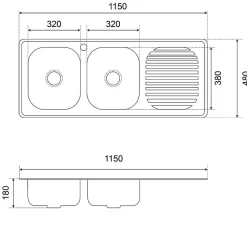 Evier en inox 2 bacs + égouttoir EVINOX 115 cm x 48 cm