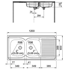 Evier inox à poser 2 bacs 1 égouttoir - Man - 120 x 60 - MAN721-1200 NF- Livré avec siphon