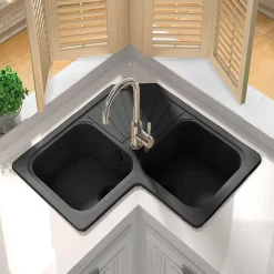 Evier pour meuble d'angle à encastrer Poalgi Agata Noir - 2 bacs avec égouttoir