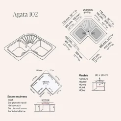 Evier pour meuble d'angle à encastrer Poalgi Agata Noir - 2 bacs avec égouttoir