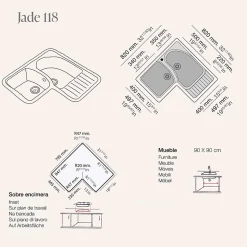 Evier pour meuble d'angle à encastrer Poalgi Jade Albero - 2 bacs avec égouttoir