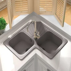 Evier pour meuble d'angle à encastrer Poalgi Agata Gris Concret - 2 bacs avec égouttoir