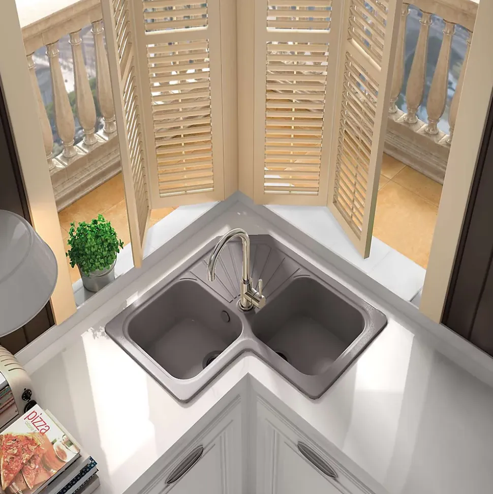 Evier pour meuble d'angle à encastrer Poalgi Agata Gris Concret - 2 bacs avec égouttoir