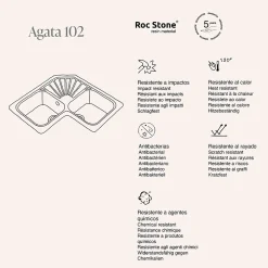 Evier pour meuble d'angle à encastrer Poalgi Agata Gris Concret - 2 bacs avec égouttoir