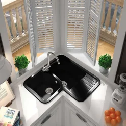 Evier pour meuble d'angle à encastrer Poalgi Jade Noir - 2 bacs avec égouttoir