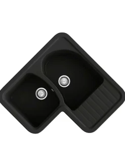 Evier pour meuble d'angle à encastrer Poalgi Jade Noir - 2 bacs avec égouttoir