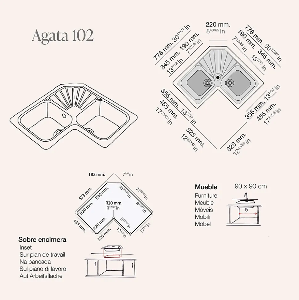 Evier pour meuble d'angle à encastrer Poalgi Agata Tundra - 2 bacs avec égouttoir