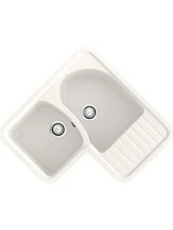 Evier pour meuble d'angle à encastrer Poalgi Jade Blanc - 2 bacs avec égouttoir