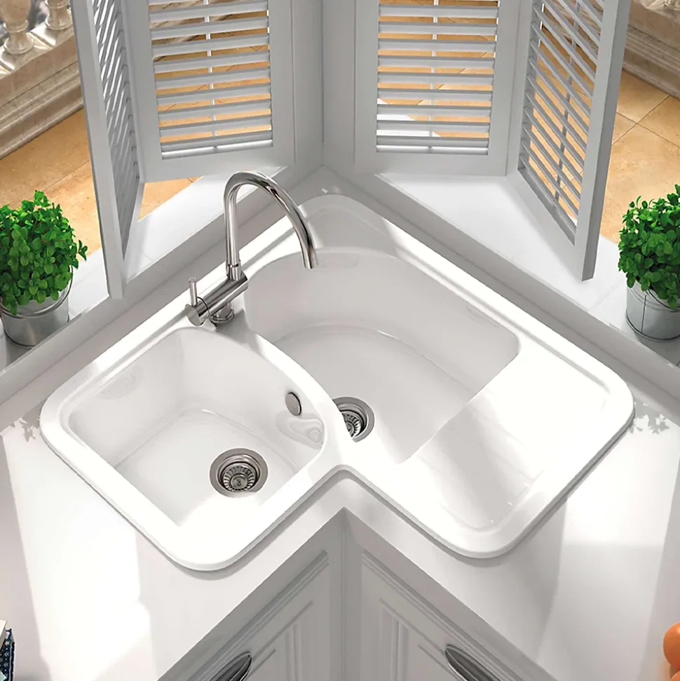 Evier pour meuble d'angle à encastrer Poalgi Jade Blanc - 2 bacs avec égouttoir